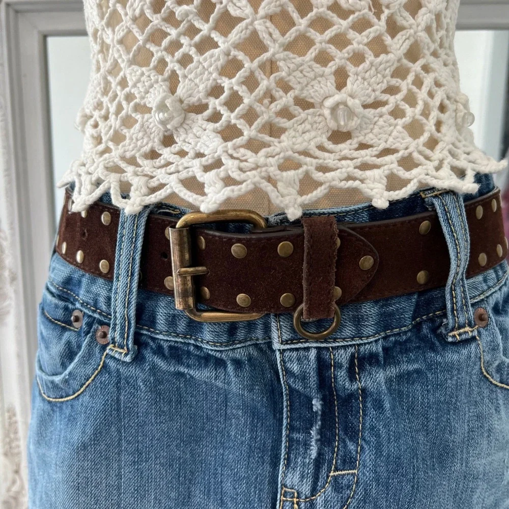 vintage genuine leather brown studded belt